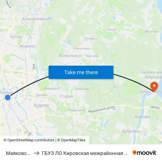Маяковская (Mayakovskaya) to ГБУЗ ЛО Кировская межрайонная больница, Шлиссельбургская городская больница, стационар map
