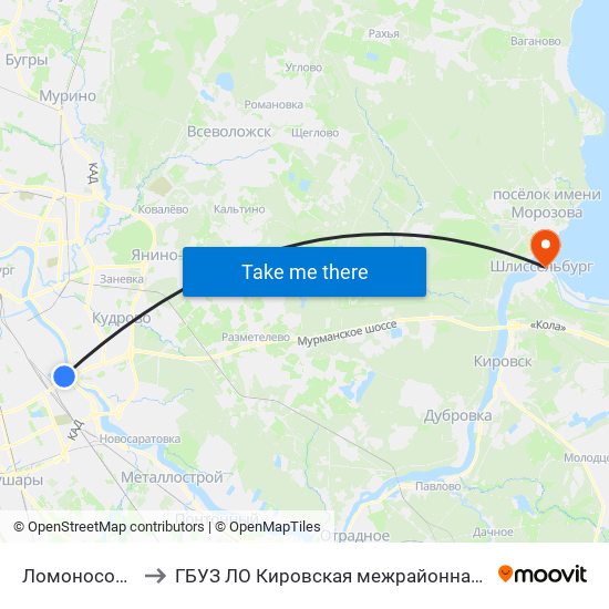 Ломоносовская (Lomonosovskaya) to ГБУЗ ЛО Кировская межрайонная больница, Шлиссельбургская городская больница, стационар map