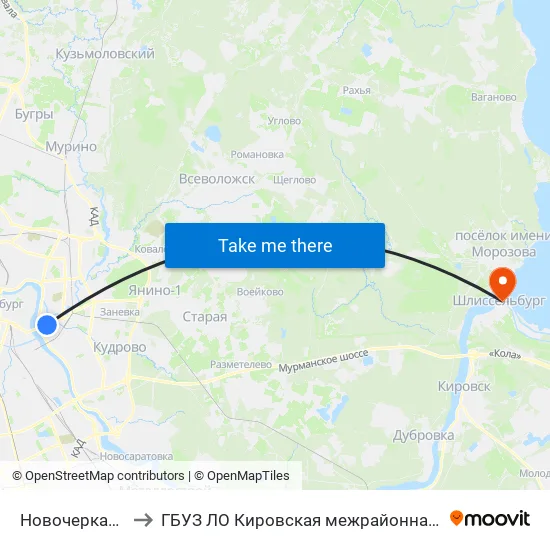 Новочеркасская (Novocherkasskaya) to ГБУЗ ЛО Кировская межрайонная больница, Шлиссельбургская городская больница, стационар map