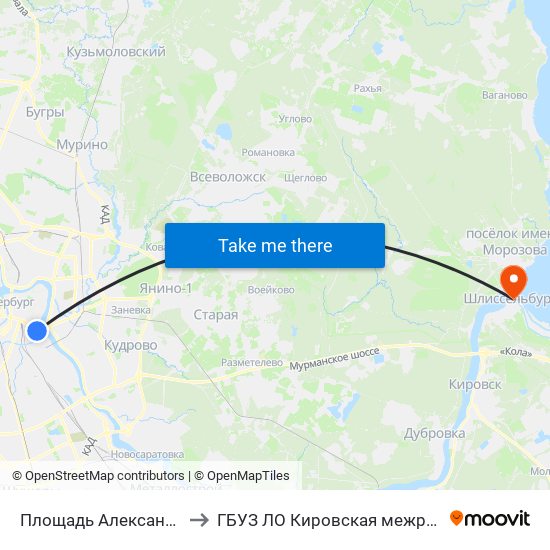 Площадь Александра Невского - 2 (Ploschad' Aleksandra Nevskogo - 2) to ГБУЗ ЛО Кировская межрайонная больница, Шлиссельбургская городская больница, стационар map