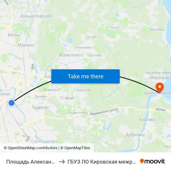 Площадь Александра Невского - 2 (Ploschad' Aleksandra Nevskogo - 2) to ГБУЗ ЛО Кировская межрайонная больница, Шлиссельбургская городская больница, стационар map