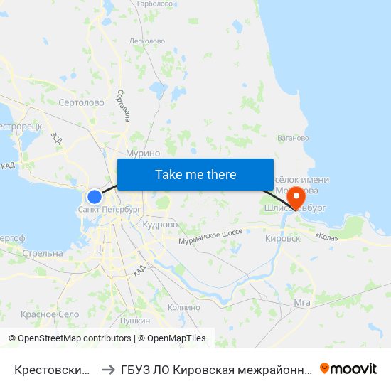 Крестовский Остров (Krestovskiy Ostrov) to ГБУЗ ЛО Кировская межрайонная больница, Шлиссельбургская городская больница, стационар map