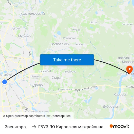 Звенигородская (Zvenigorodskaya) to ГБУЗ ЛО Кировская межрайонная больница, Шлиссельбургская городская больница, стационар map