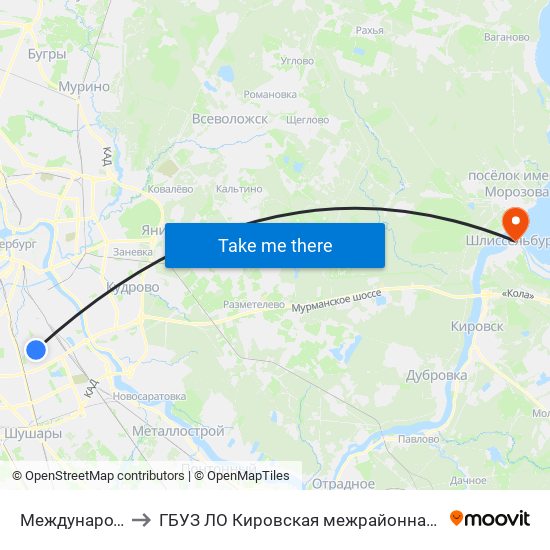 Международная (Mezhdunarodnaya) to ГБУЗ ЛО Кировская межрайонная больница, Шлиссельбургская городская больница, стационар map