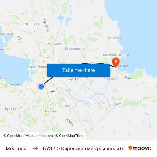 Московская (Moskovskaya) to ГБУЗ ЛО Кировская межрайонная больница, Шлиссельбургская городская больница, стационар map