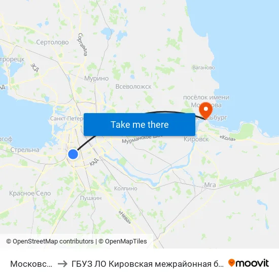 Московская (Moskovskaya) to ГБУЗ ЛО Кировская межрайонная больница, Шлиссельбургская городская больница, стационар map