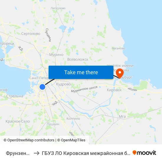 Фрунзенская (Frunzenskaya) to ГБУЗ ЛО Кировская межрайонная больница, Шлиссельбургская городская больница, стационар map