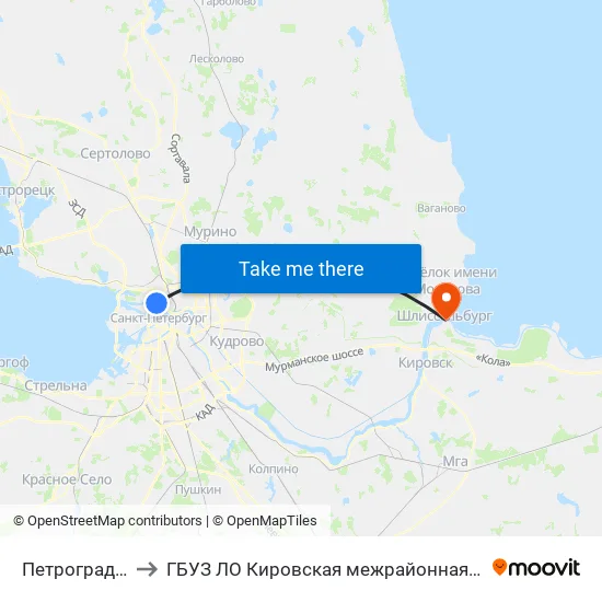 Петроградская (Petrogradskaya) to ГБУЗ ЛО Кировская межрайонная больница, Шлиссельбургская городская больница, стационар map