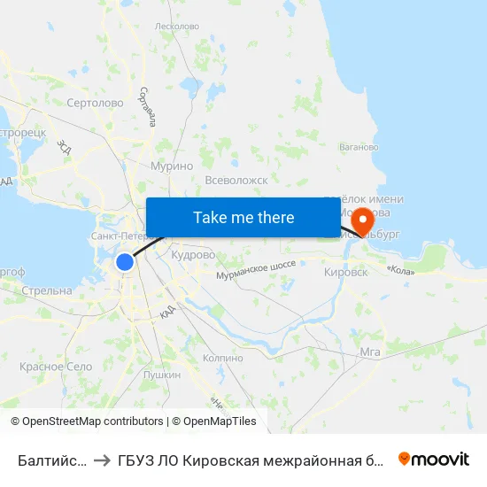Балтийская (Baltiyskaya) to ГБУЗ ЛО Кировская межрайонная больница, Шлиссельбургская городская больница, стационар map