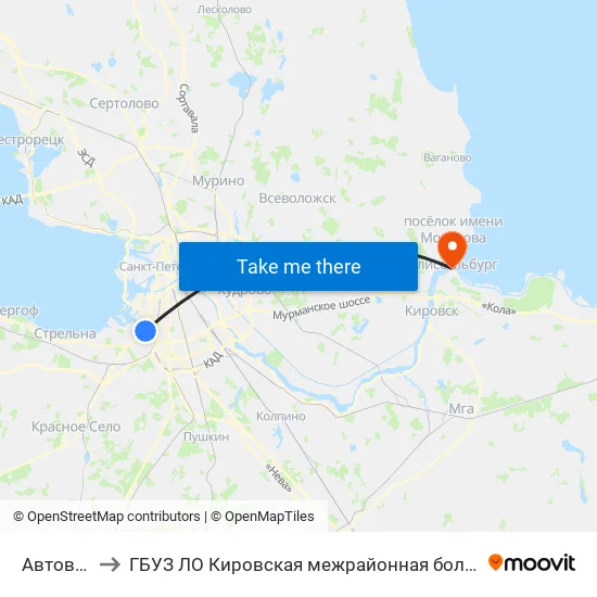 Автовская улица, 2 (станция метро Автово) to ГБУЗ ЛО Кировская межрайонная больница, Шлиссельбургская городская больница, стационар map