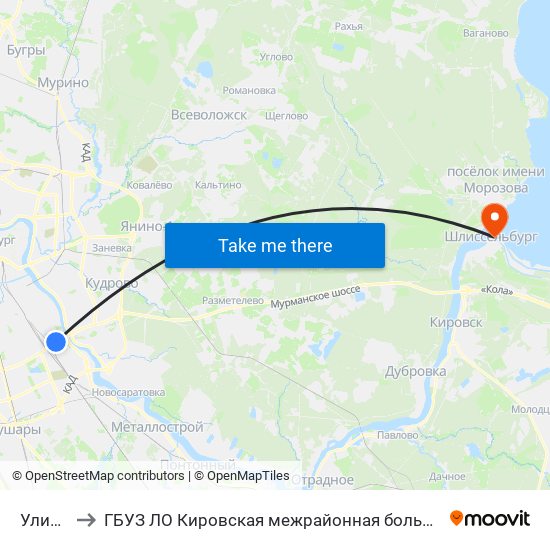 Улица Седова to ГБУЗ ЛО Кировская межрайонная больница, Шлиссельбургская городская больница, стационар map