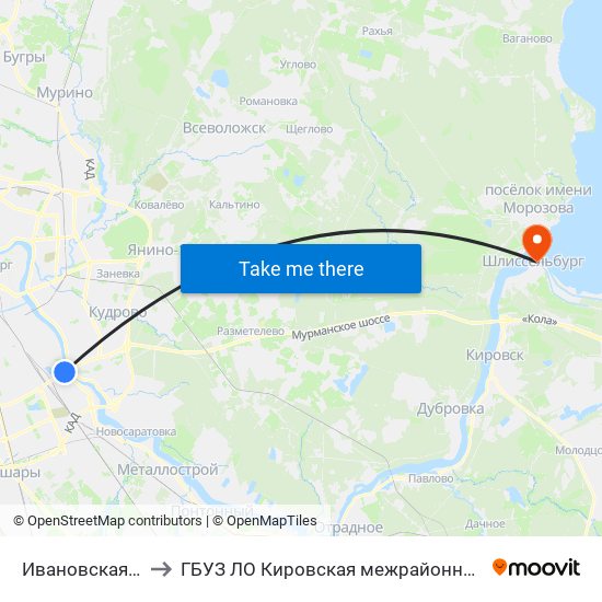 Ивановская Улица / Улица Бабушкина to ГБУЗ ЛО Кировская межрайонная больница, Шлиссельбургская городская больница, стационар map