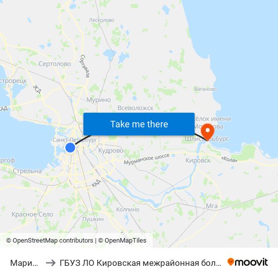 Мариинский Театр to ГБУЗ ЛО Кировская межрайонная больница, Шлиссельбургская городская больница, стационар map