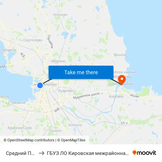 Средний Пр. В.О. По 9-Й Линии В.О. to ГБУЗ ЛО Кировская межрайонная больница, Шлиссельбургская городская больница, стационар map