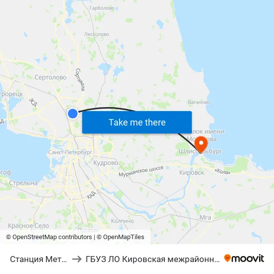 Станция Метро «Проспект Просвещения» to ГБУЗ ЛО Кировская межрайонная больница, Шлиссельбургская городская больница, стационар map