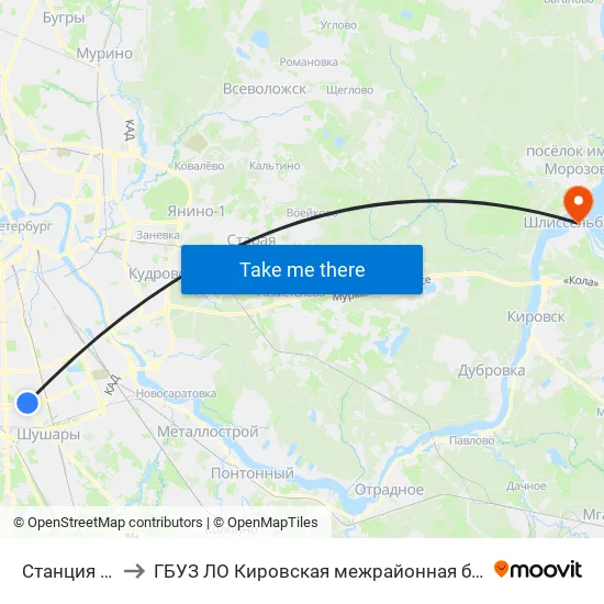 Станция Метро «Звездная» to ГБУЗ ЛО Кировская межрайонная больница, Шлиссельбургская городская больница, стационар map