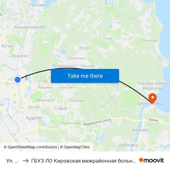 Ул. Верности to ГБУЗ ЛО Кировская межрайонная больница, Шлиссельбургская городская больница, стационар map