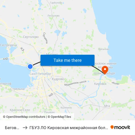 Беговая (Begovaya) to ГБУЗ ЛО Кировская межрайонная больница, Шлиссельбургская городская больница, стационар map