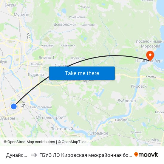 Дунайская (Dunayskaya) to ГБУЗ ЛО Кировская межрайонная больница, Шлиссельбургская городская больница, стационар map