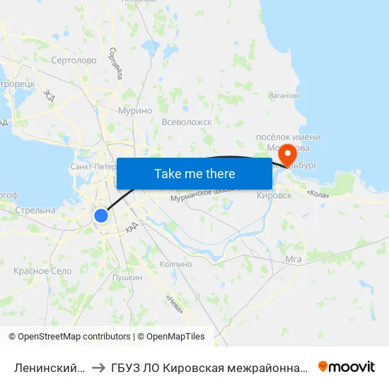 Ленинский Пр. Уг. Варшавской Ул. to ГБУЗ ЛО Кировская межрайонная больница, Шлиссельбургская городская больница, стационар map