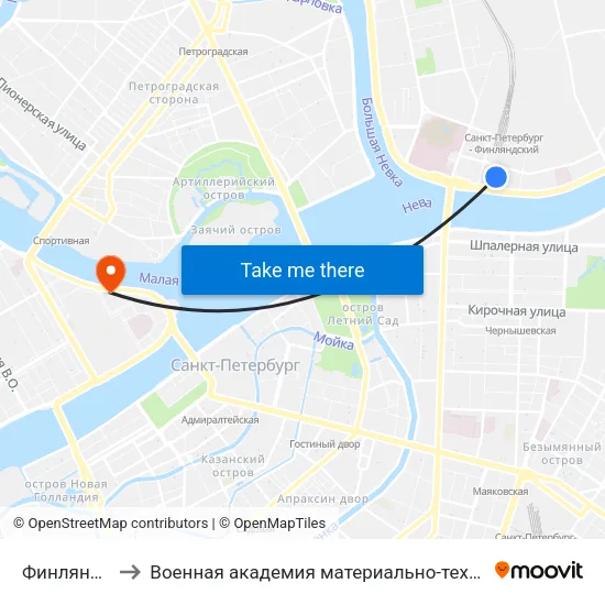 Финляндский Вокзал to Военная академия материально-технического обеспечения имени А. В. Хрулёва map