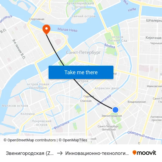 Звенигородская (Zvenigorodskaya) to Инновационно-технологический центр ИТМО map