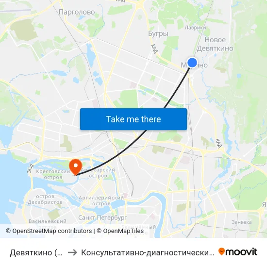 Девяткино (Devyatkino) to Консультативно-диагностический центр с поликлиникой map