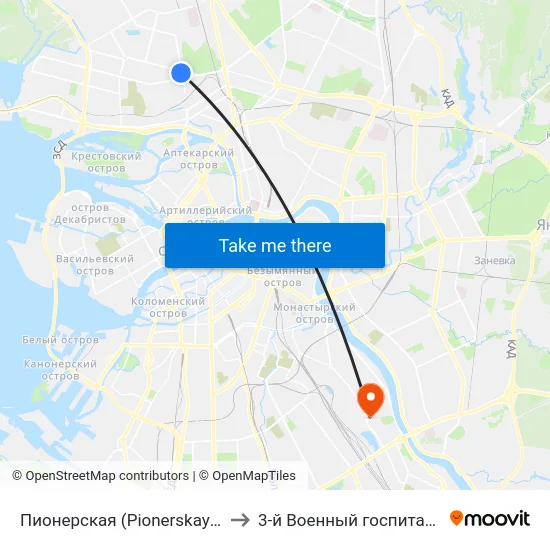 Пионерская (Pionerskaya) to 3-й Военный госпиталь map