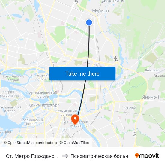 Ст. Метро Гражданский Пр. to Психиатрическая больница №6 map