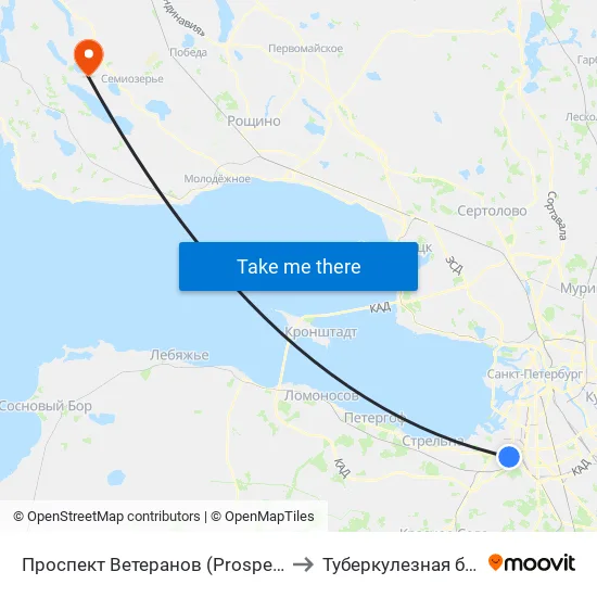 Проспект Ветеранов (Prospekt Veteranov) to Туберкулезная больница map