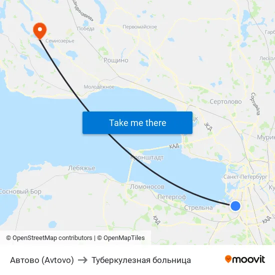 Автово (Avtovo) to Туберкулезная больница map