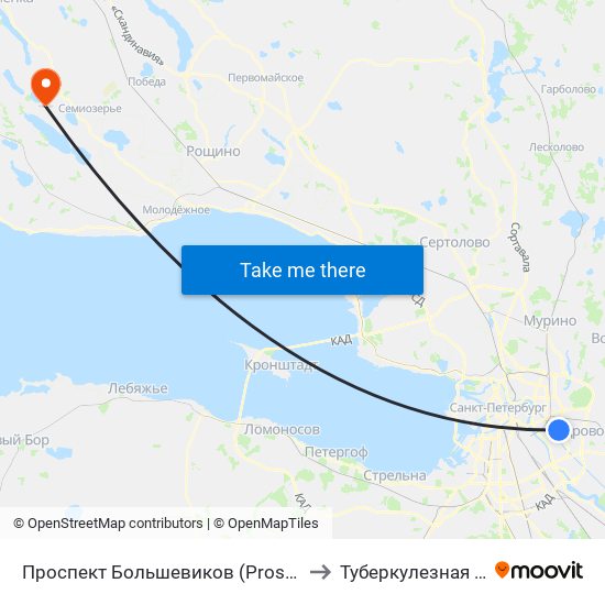 Проспект Большевиков (Prospekt Bol'Shevikov) to Туберкулезная больница map
