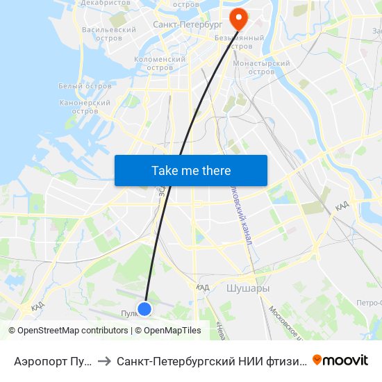 Аэропорт Пулково 1 to Санкт-Петербургский НИИ фтизиопульмонологии map