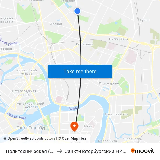 Политехническая (Politekhnicheskaya) to Санкт-Петербургский НИИ фтизиопульмонологии map