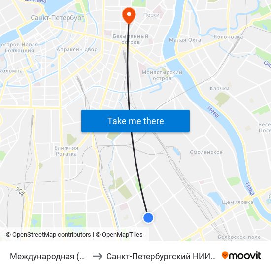 Международная (Mezhdunarodnaya) to Санкт-Петербургский НИИ фтизиопульмонологии map