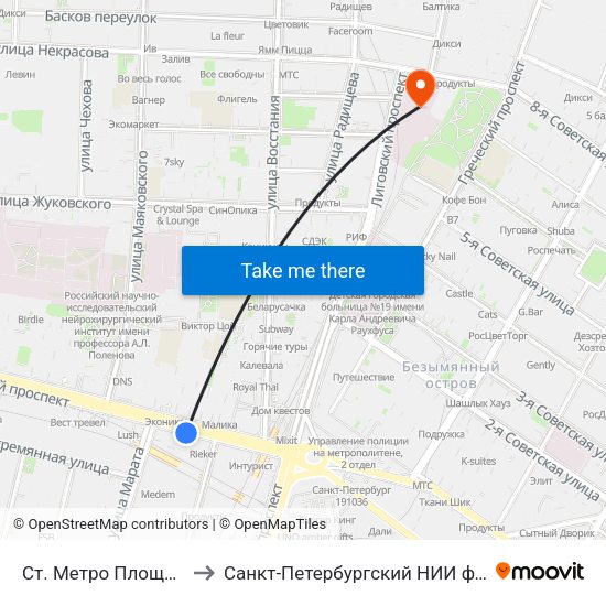 Ст. Метро Площадь Восстания to Санкт-Петербургский НИИ фтизиопульмонологии map