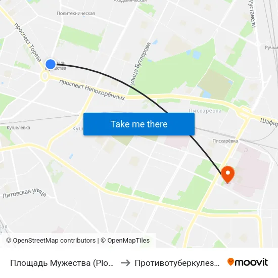 Площадь Мужества (Ploschad' Muzhestva) to Противотуберкулезный диспансер map