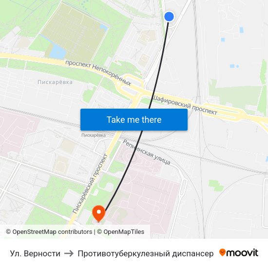 Ул. Верности to Противотуберкулезный диспансер map