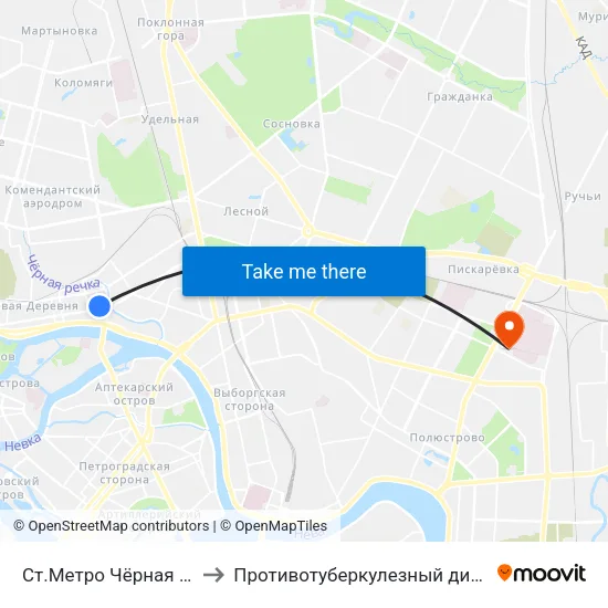Ст.Метро Чёрная Речка to Противотуберкулезный диспансер map