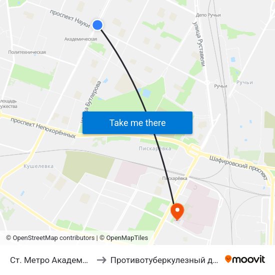 Ст. Метро Академическая to Противотуберкулезный диспансер map