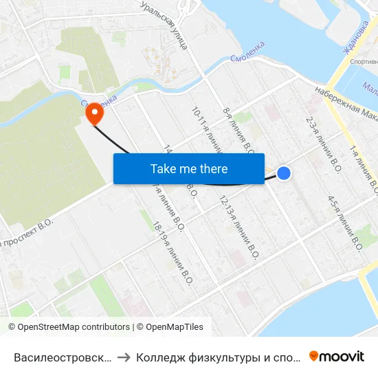 Василеостровская (Vasileostrovskaya) to Колледж физкультуры и спорта, экономики и технологии СПбГУ map