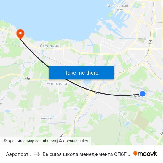 Аэропорт Пулково 1 to Высшая школа менеджмента СПбГУ. Кампус ""Михайловская дача"" map
