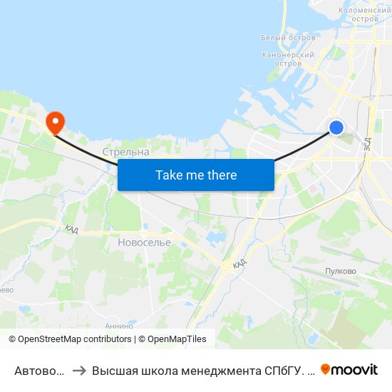 Автово (Avtovo) to Высшая школа менеджмента СПбГУ. Кампус ""Михайловская дача"" map