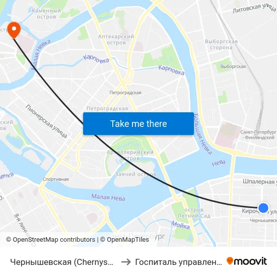 Чернышевская (Chernyshevskaya) to Госпиталь управления ФСБ map