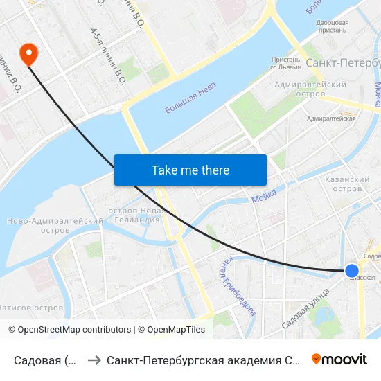 Садовая (Sadovaya) to Санкт-Петербургская академия Следственного комитета map