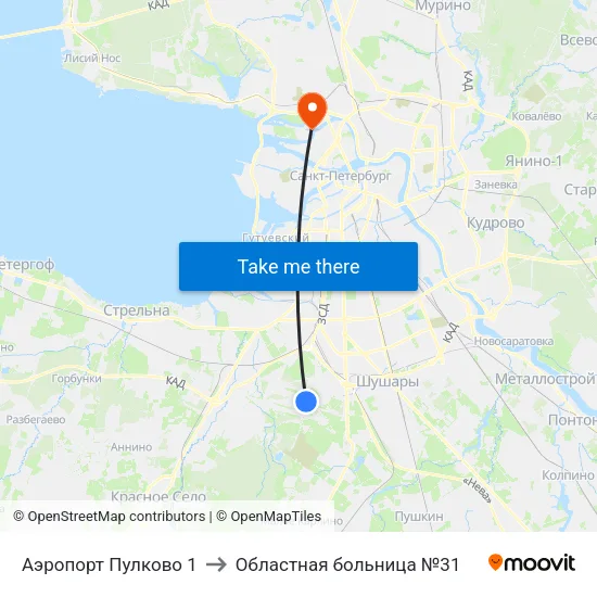 Аэропорт Пулково 1 to Областная больница №31 map