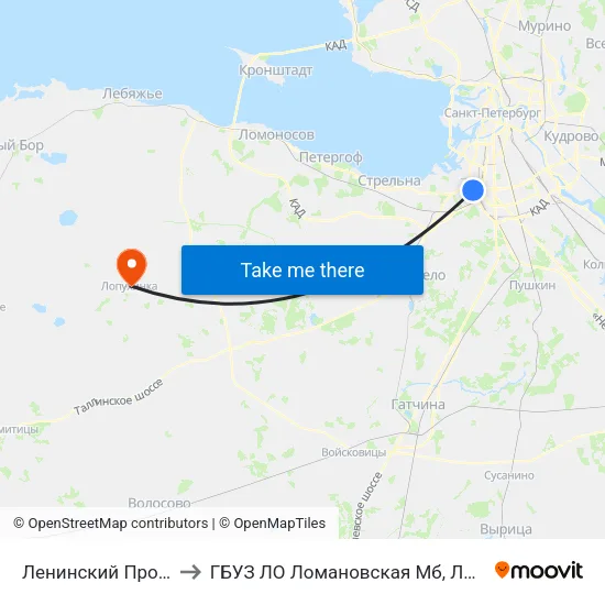 Ленинский Проспект (Leninsky Prospekt) to ГБУЗ ЛО Ломановская Мб, Лопухинская сельская врачебная амбулатория map