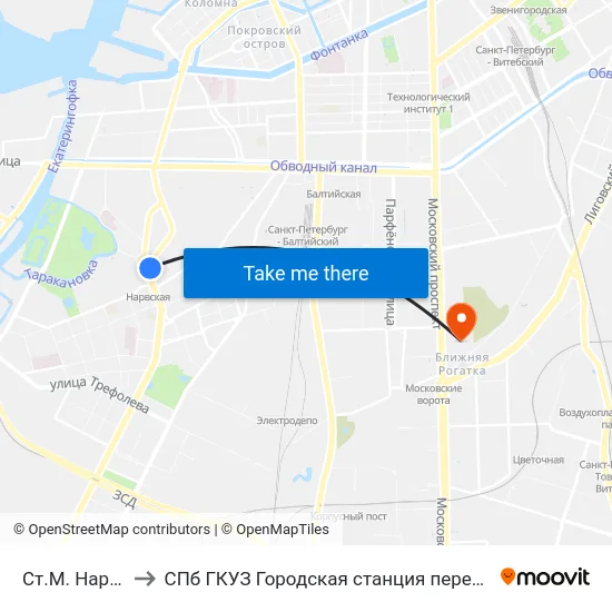 Ст.М. Нарвская to СПб ГКУЗ Городская станция переливания крови map