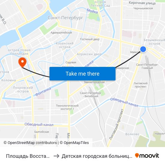 Площадь Восстания (Ploschad' Vosstaniya) to Детская городская больница №17 святителя Николая Чудотворца map