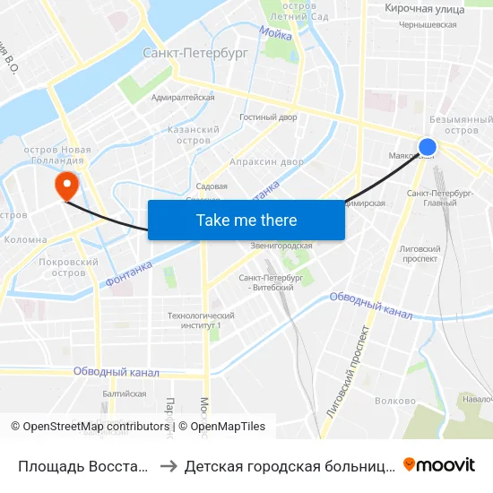 Площадь Восстания (Ploschad' Vosstaniya) to Детская городская больница №17 святителя Николая Чудотворца map